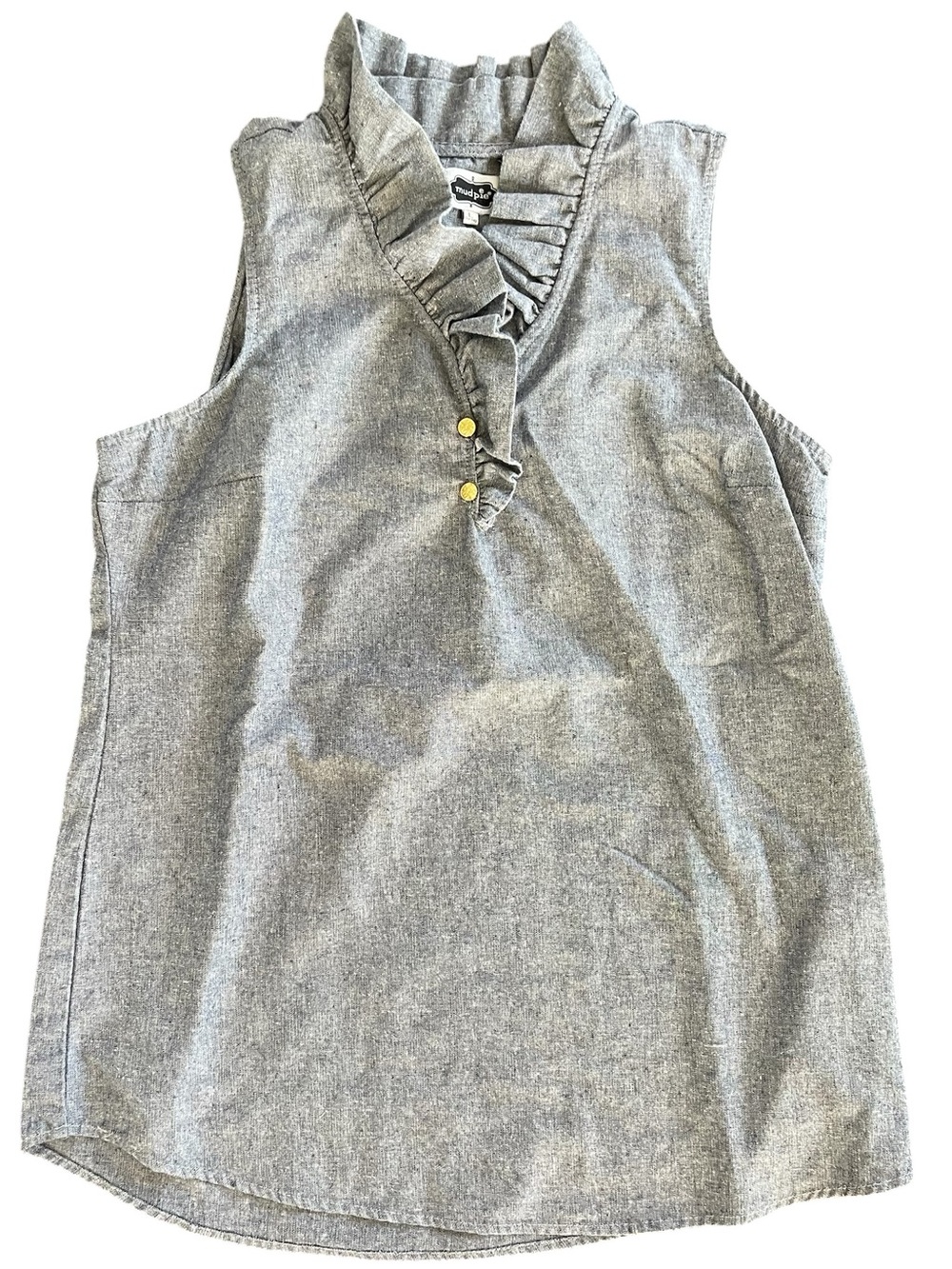 MUD PIE Ruffle Collar Sleeveless Lightweight Blue Chambray Preppy Size Large